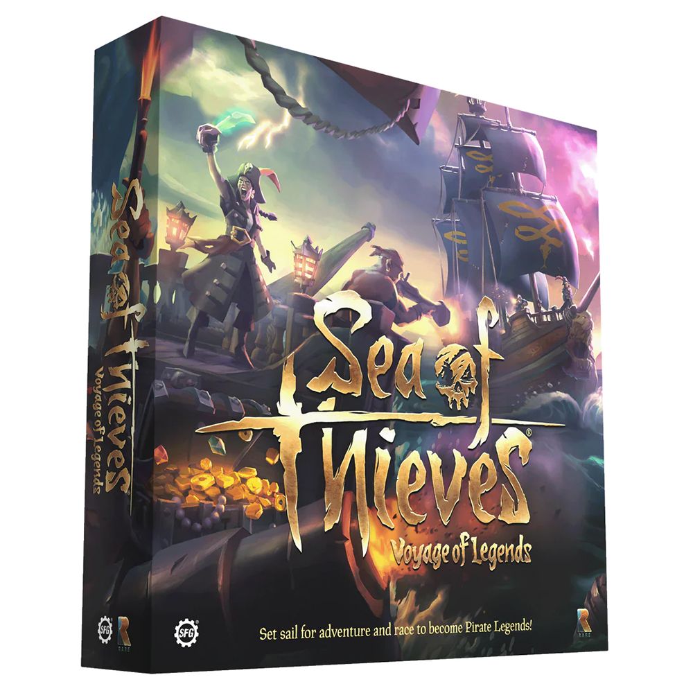 Colorful board game box featuring "Sea of Thieves: Voyage of Legends" title, pirate imagery, treasure, and a ship, with a vibrant art style and glossy finish.