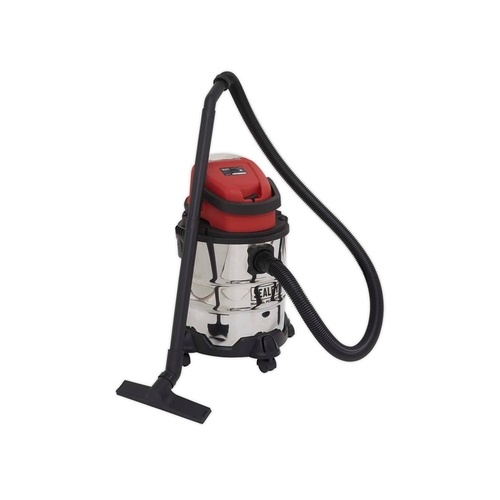Cordless 20L wet and dry vacuum cleaner with a shiny silver metal body, red top, black hose, and nozzle, designed for versatile cleaning tasks.