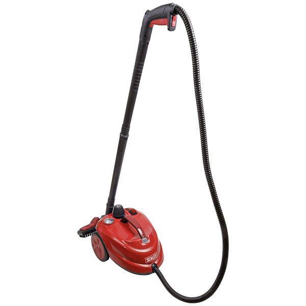 Red Sealey steam cleaner with a 2000W power rating, 1.8L tank, a long black hose, and a handle featuring control buttons for easy operation.
