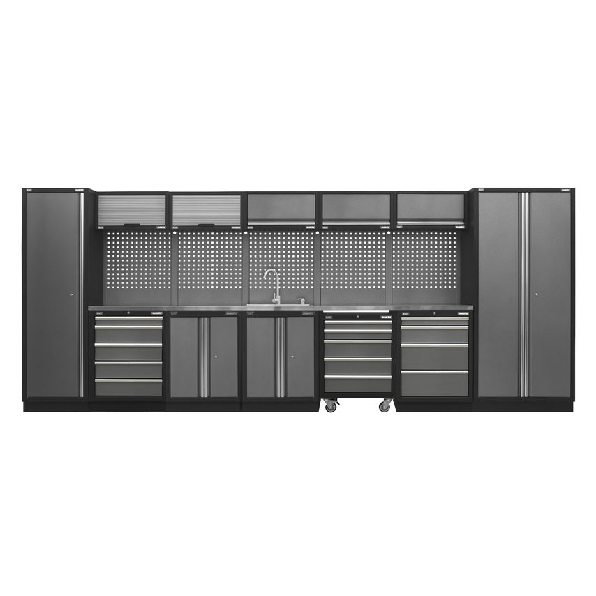 Stainless steel worktop storage system in black and silver, featuring cabinets, drawers, and pegboard for tools, designed for efficient organization and workspace utility.