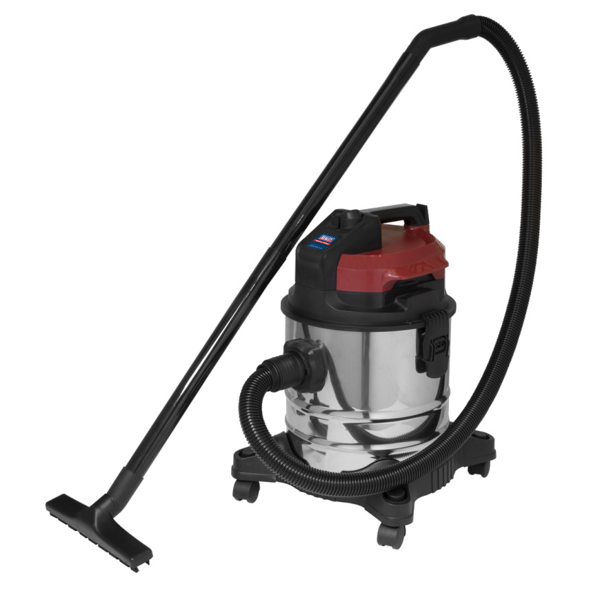 Low noise wet and dry vacuum cleaner with a 20L stainless steel tank, 1000W power, red and black accents, and a flexible black hose with a floor attachment.