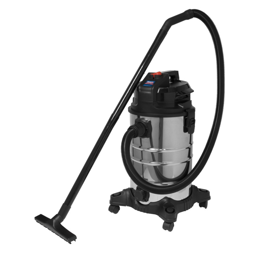 Stainless steel wet and dry vacuum cleaner with a 30L capacity, 1000W motor, low noise design, black hose, and sturdy wheels for mobility.