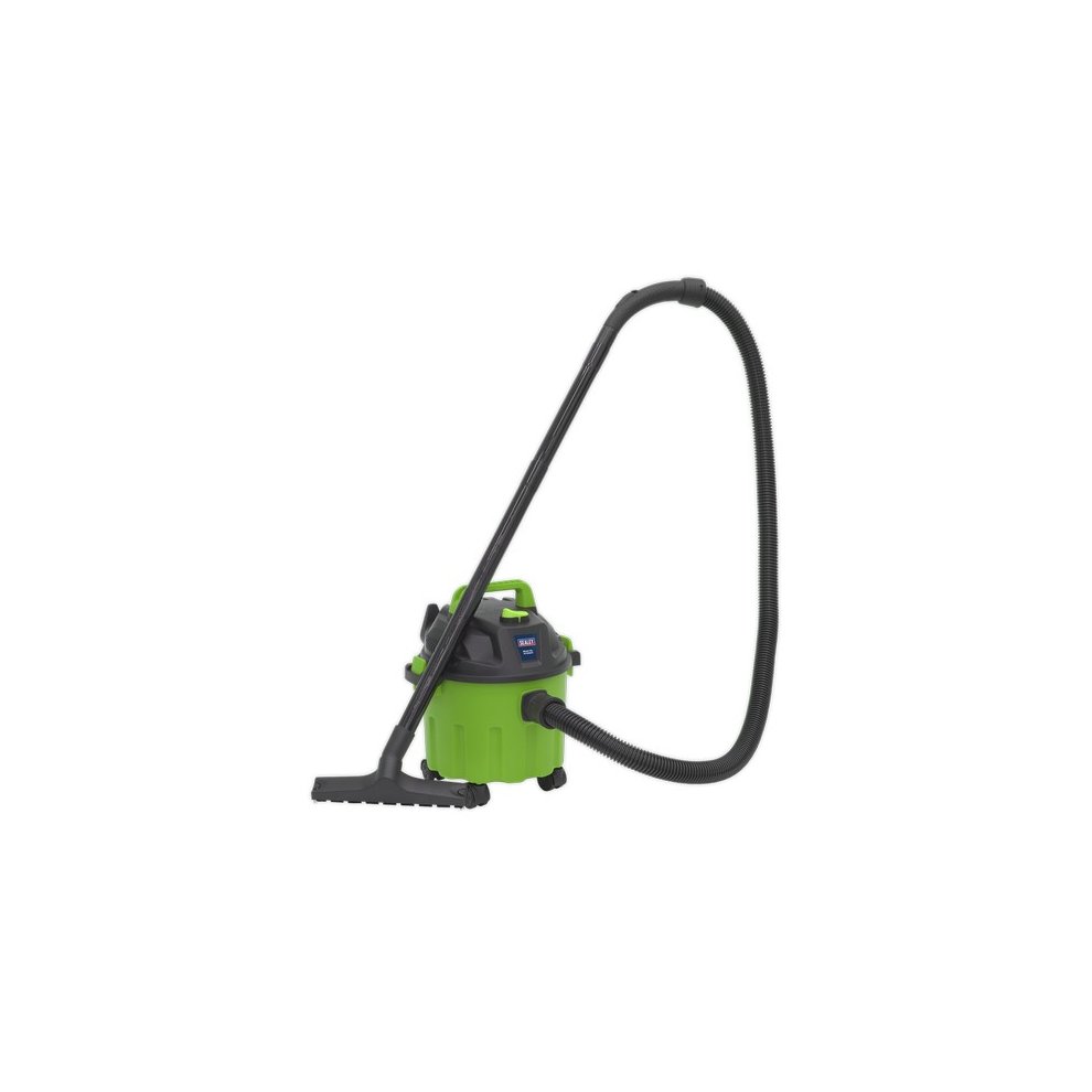 Green Sealey vacuum cleaner with a 10L capacity, 1000W power, and a flexible black hose, featuring a robust design suitable for wet and dry cleaning.