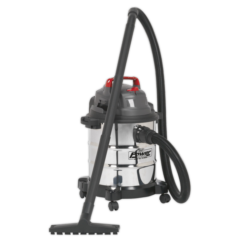 Stainless steel drum vacuum cleaner with a 20L capacity, 1200W power, black hose, and red accents, featuring wheels for mobility and a wet/dry cleaning capability.
