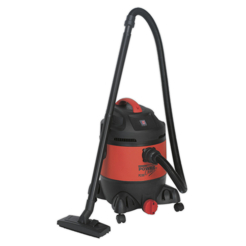Sealey 30L wet and dry vacuum cleaner in black and red, featuring a sturdy plastic body, a flexible hose, and a large on/off switch, mounted on rolling casters for easy mobility.