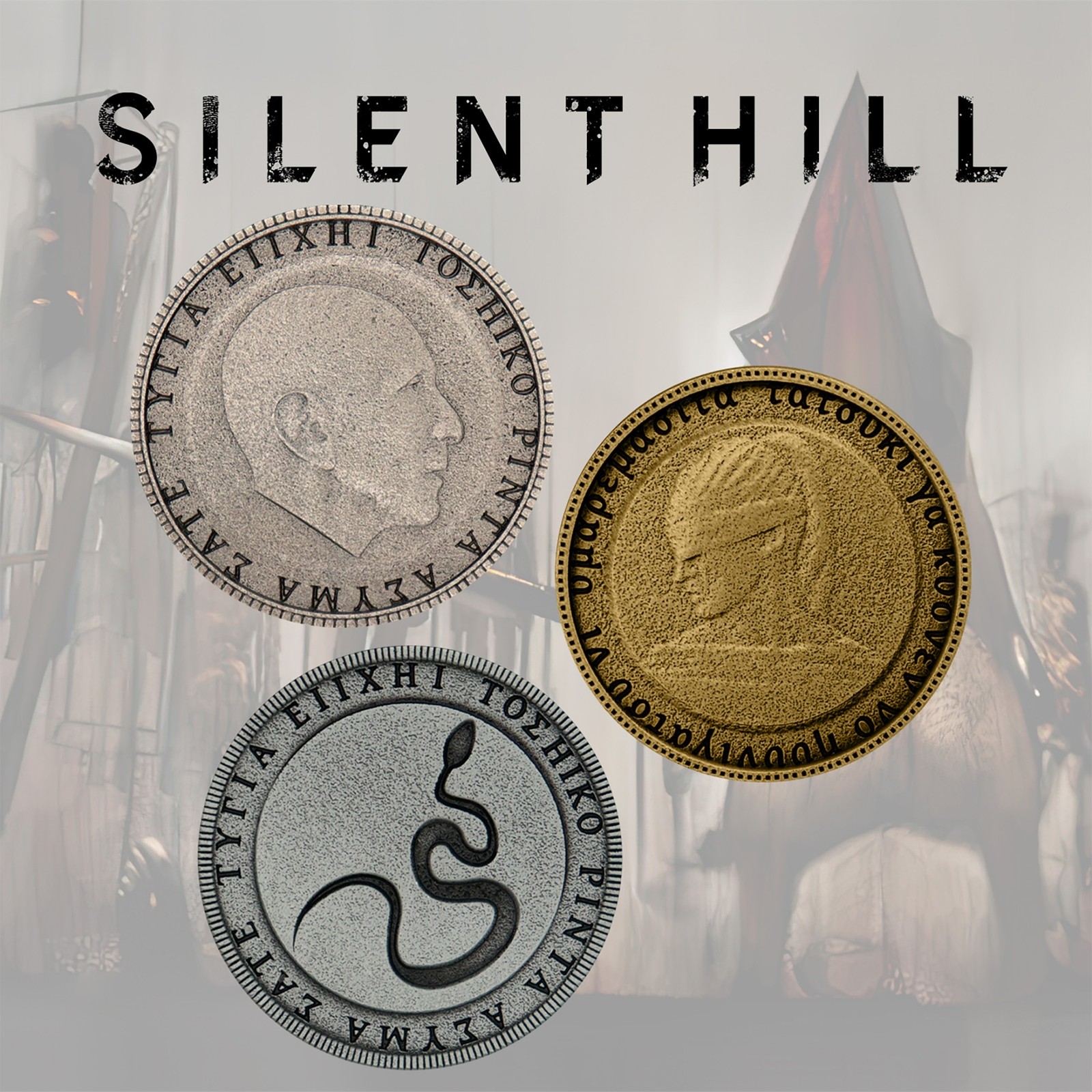 Set of three limited edition replica coins from Silent Hill, featuring a silver coin with a face, a gold coin with a figure, and a black coin with a snake design, all with intricate detailing.