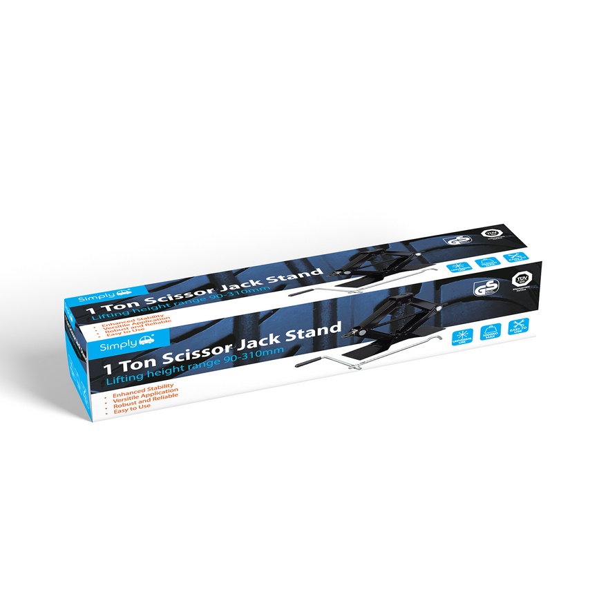 Black and blue packaging for the Simply Scissor Jack, 1 Tonne, featuring a lifting height range of 90-310mm, with clear product details and icons for features.