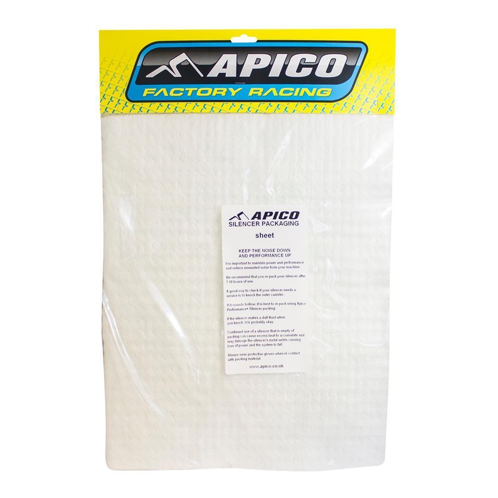 White silencer packaging sheet by Apico, measuring 550 x 350mm, displayed in a clear plastic bag with a bright yellow header featuring the Apico logo and usage instructions.