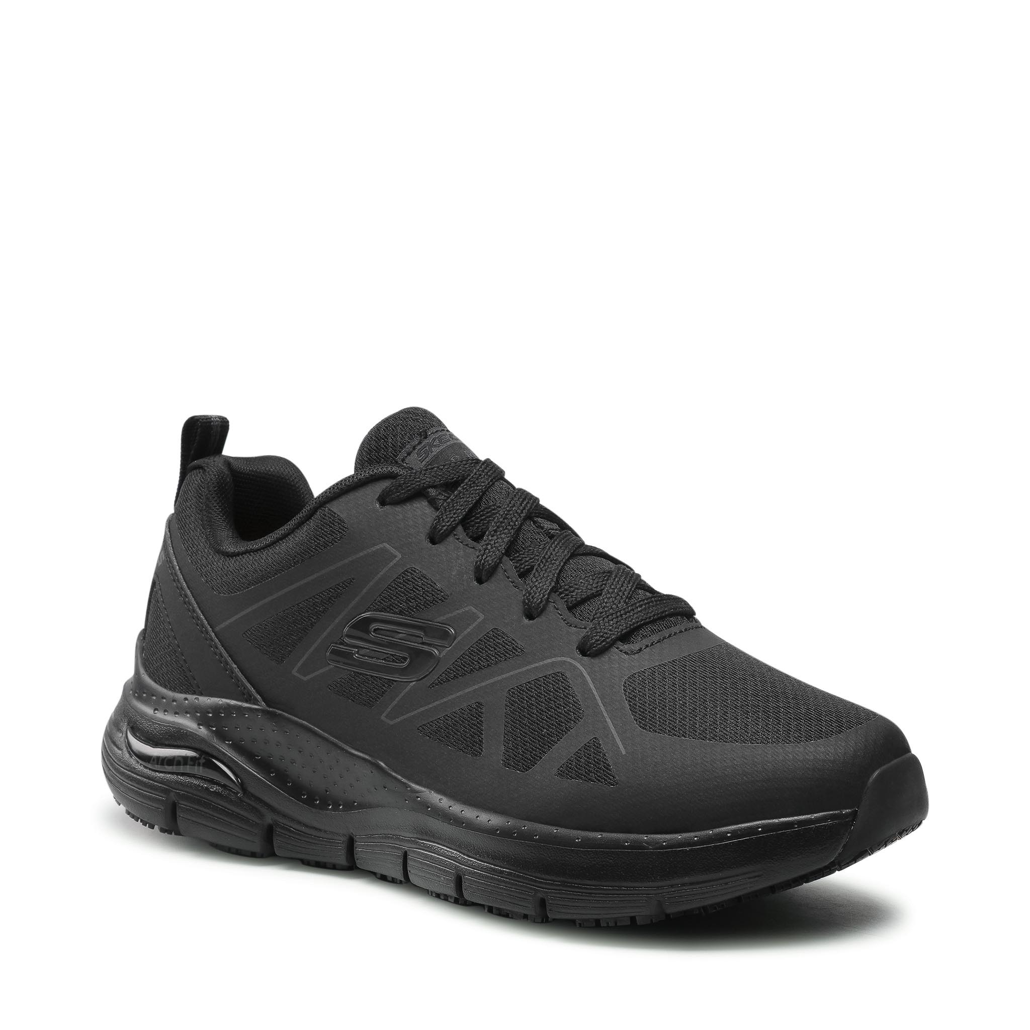 Black Skechers Axtell Arch Fit slip-resistant work shoes with a breathable mesh upper, cushioned sole, and supportive design, available in size 12.