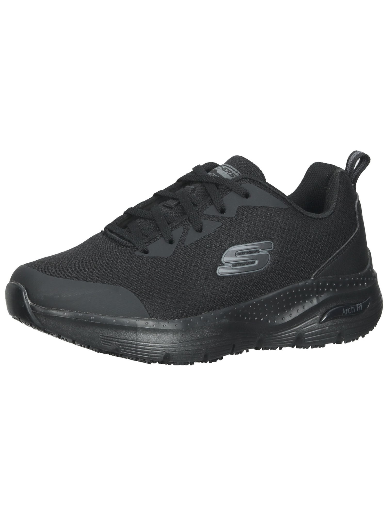 Black Skechers women's slip-resistant trainers with mesh upper, lace-up design, Arch Fit support, and a textured rubber sole, size 41.