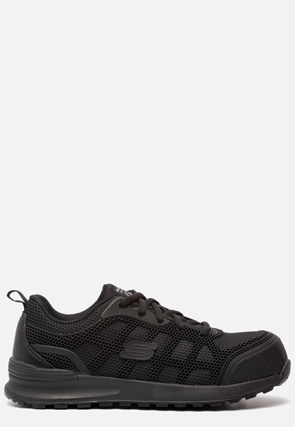 Black nylon safety trainers for women featuring a breathable mesh upper, cushioned sole, and reinforced toe, designed for comfort and durability in work environments.