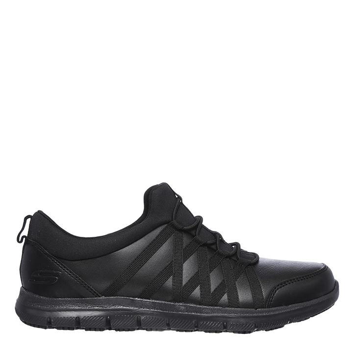 Skechers Women's Ghenter Dagsby Occupational Shoes in black, featuring a sleek design, elastic laces, and a cushioned sole, available in size 5.