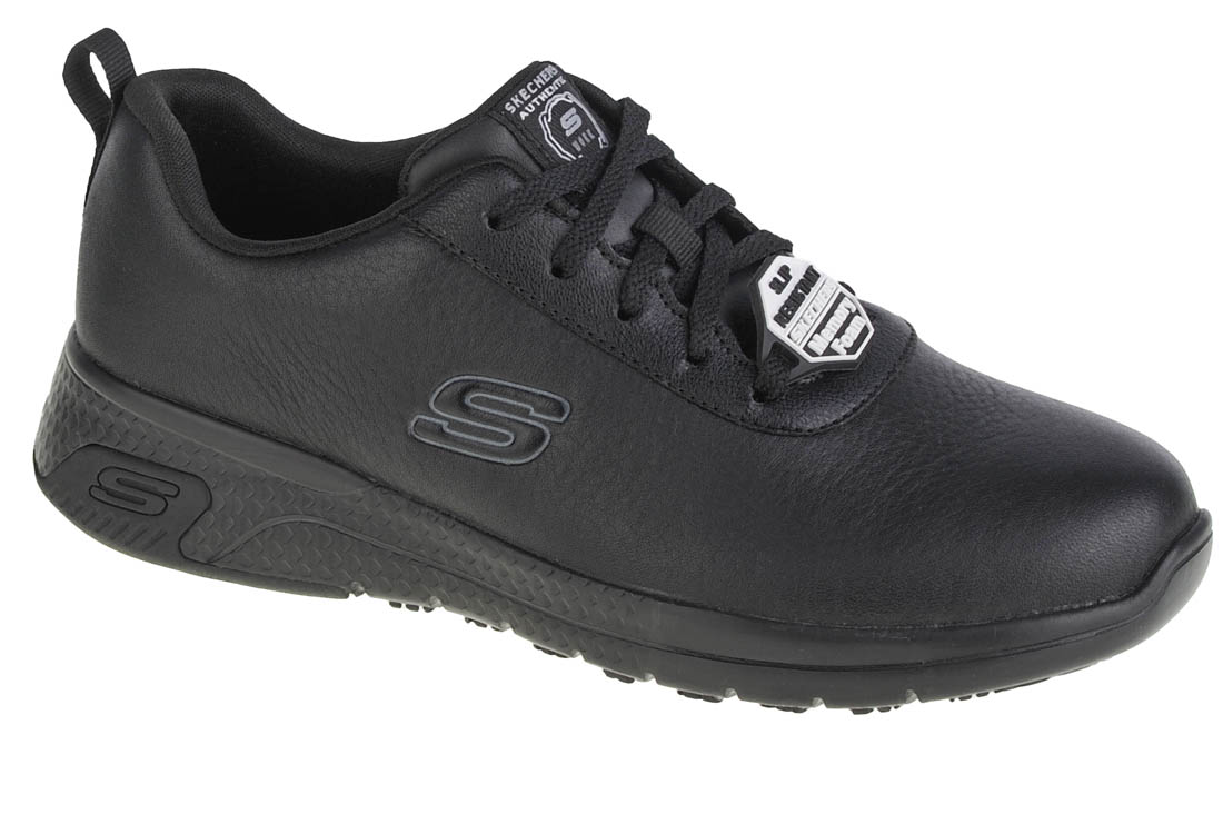 Black Skechers Women's Marsing Gmina slip-resistant occupational shoe, featuring a smooth leather upper, lace-up design, and a textured rubber sole, in size 4.
