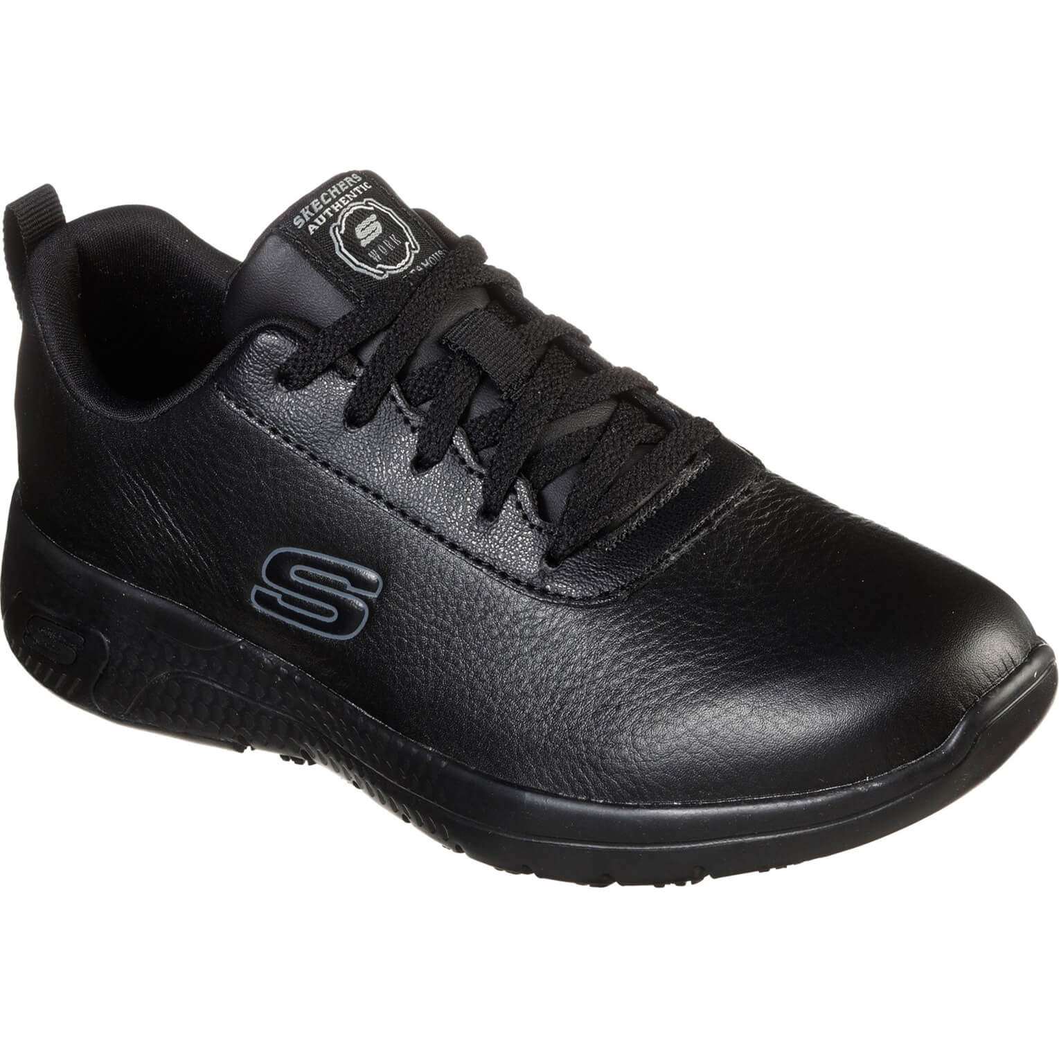 Black Skechers Marsing Gmina women's slip-resistant shoes, size 5, featuring a smooth leather upper, lace-up design, and cushioned sole for comfort and support.