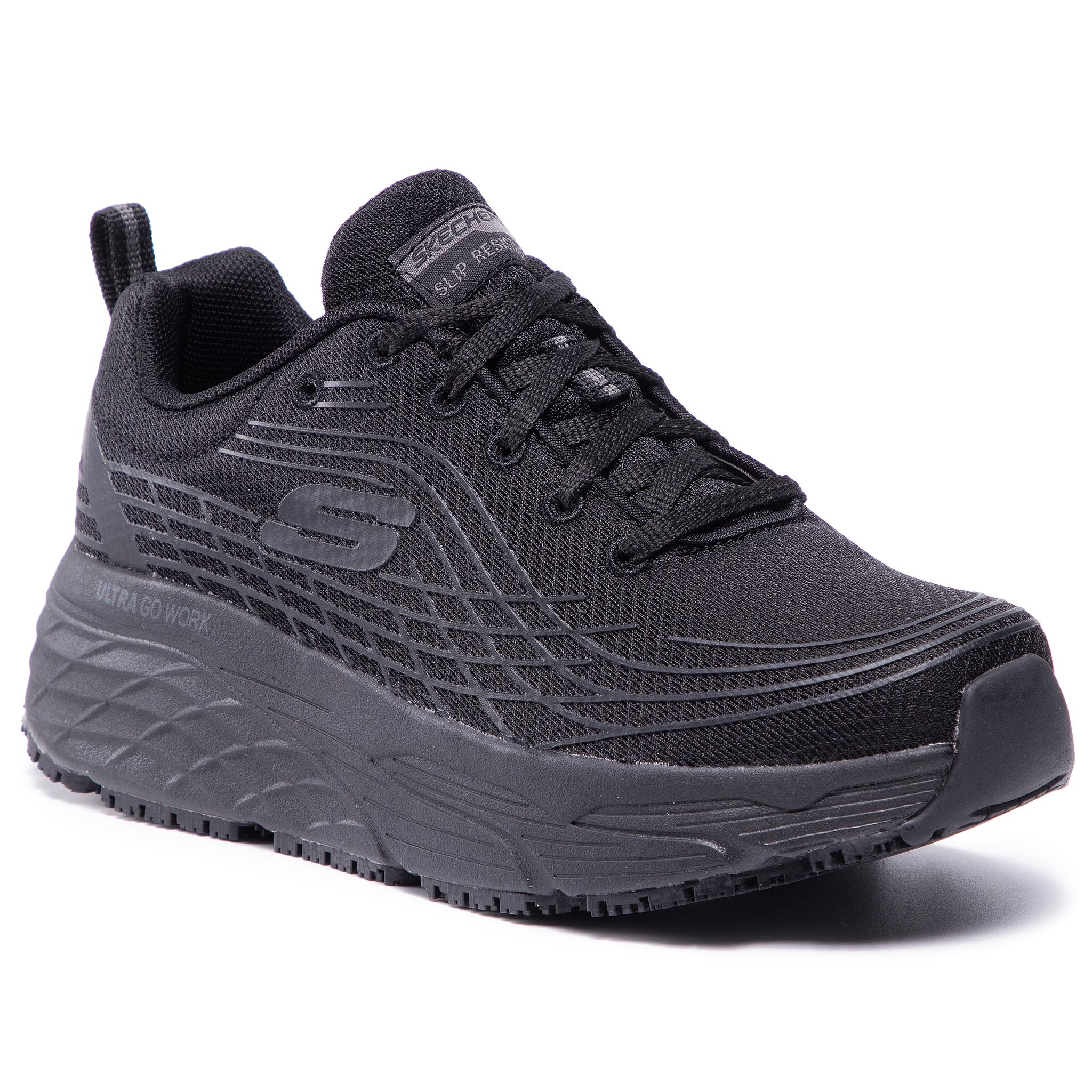 Black Skechers Women's Max Cushioning Elite Trainer, size 40 (UK 7), featuring a breathable mesh upper, cushioned sole, and textured detailing for enhanced grip and support.