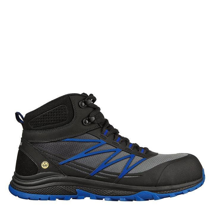 Black and blue men's safety boots featuring a high-top design, durable material, reinforced toe cap, and textured sole for traction, compliant with safety standards.