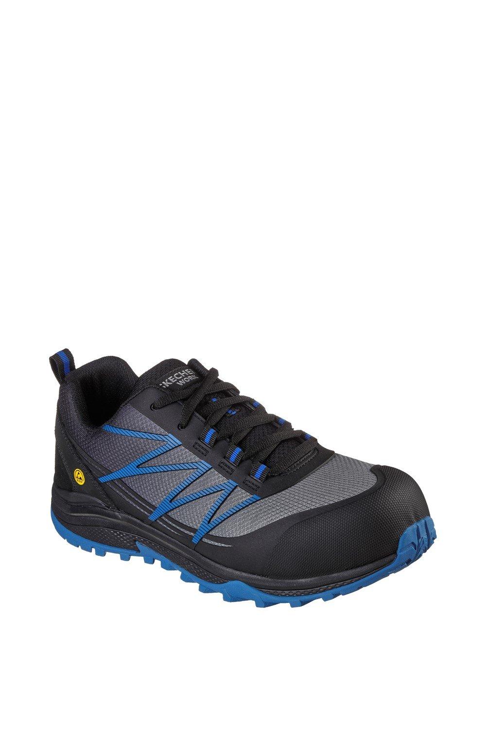Black Skechers Men Puxal Safety Trainers featuring a gray mesh upper, blue accents, lace-up design, and a sturdy rubber sole, size 6.