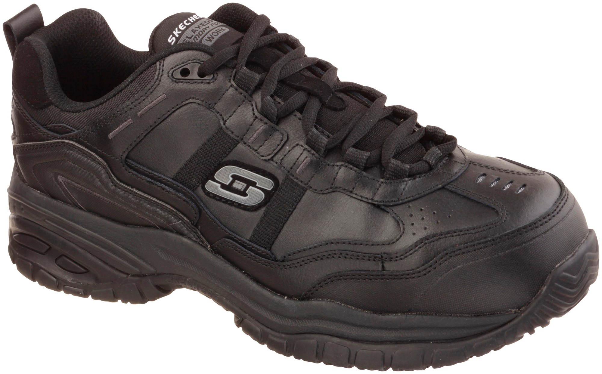 Black suede men's safety trainers with a sturdy rubber sole, featuring reinforced toe, padded collar, and Skechers logo on the side for enhanced support and protection.