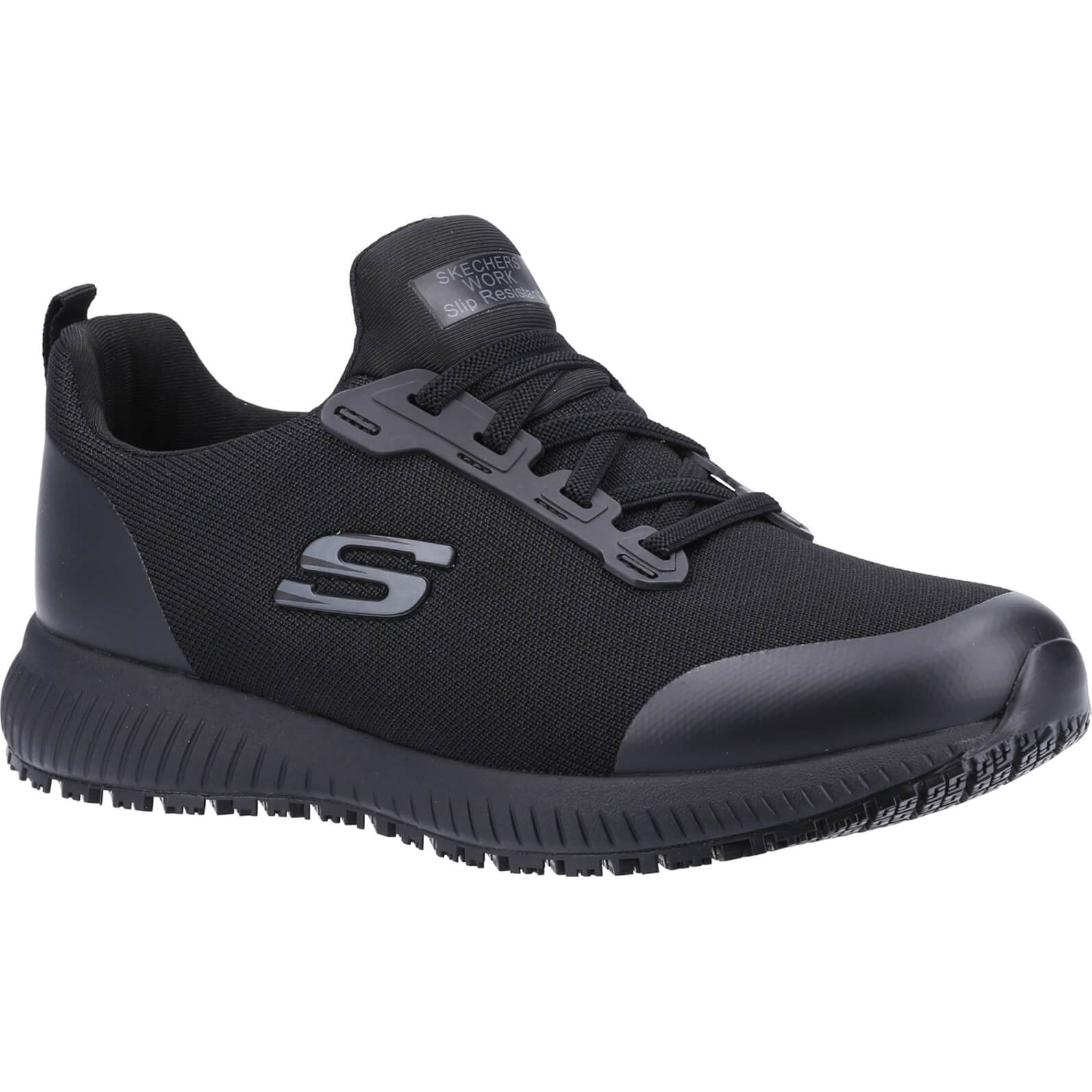 Black Skechers Squad SR wide slip-resistant occupational shoe featuring a breathable mesh upper, lace-up design, and textured rubber sole for enhanced grip.
