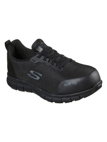 Black Skechers Women's Sure Track Jixie Safety Shoes featuring an alloy toe, mesh upper, and cushioned sole, size 5, ideal for work environments.