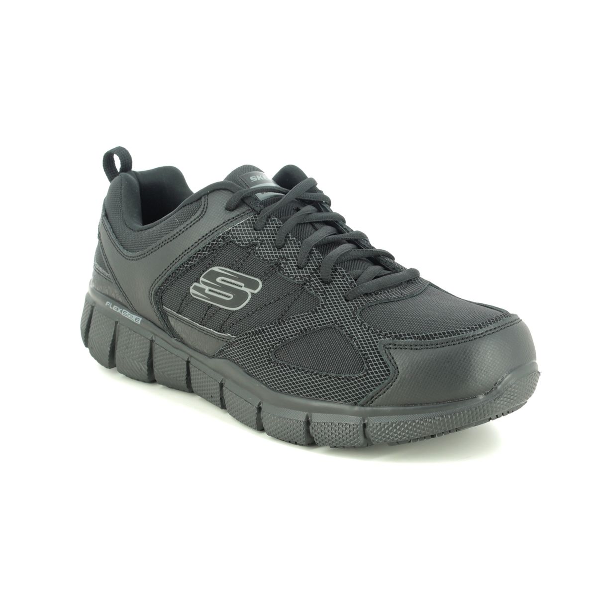 Black leather safety trainers featuring a sturdy design, mesh panels for breathability, and a cushioned sole, ideal for work environments.