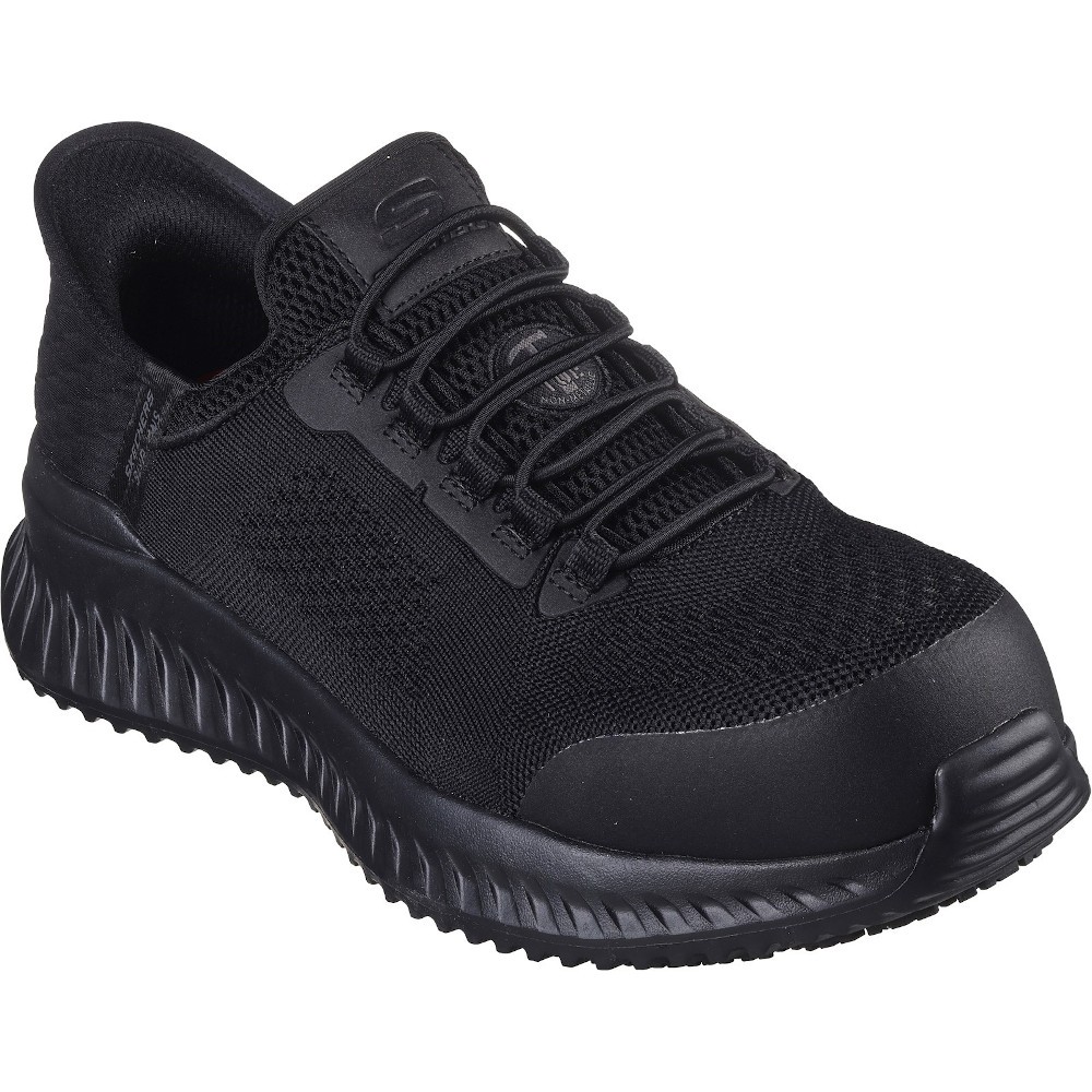 Black textile safety trainers featuring a breathable mesh upper, padded collar, and reinforced toe cap, designed for comfort and durability in work environments.
