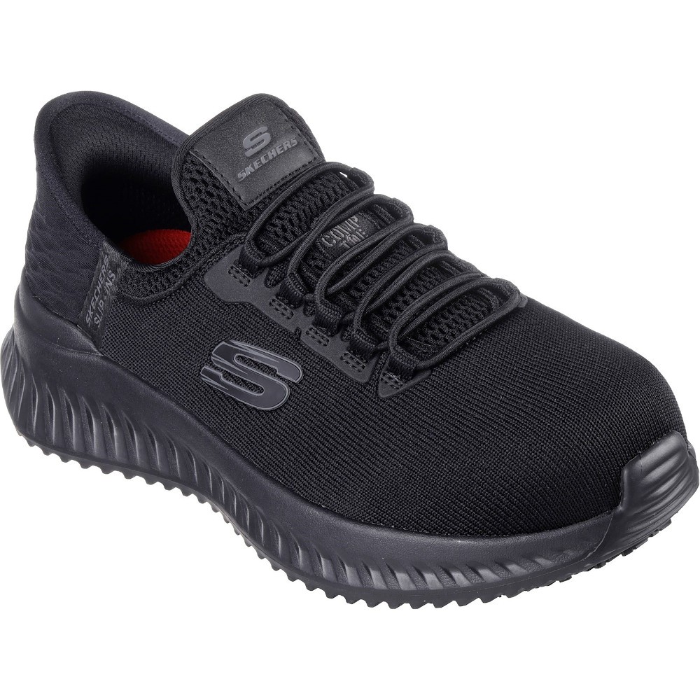 Black Skechers Women's Tilido Ombray Safety Trainers featuring a textured upper, lace-up design, cushioned sole, and size 3, ideal for comfort and safety.