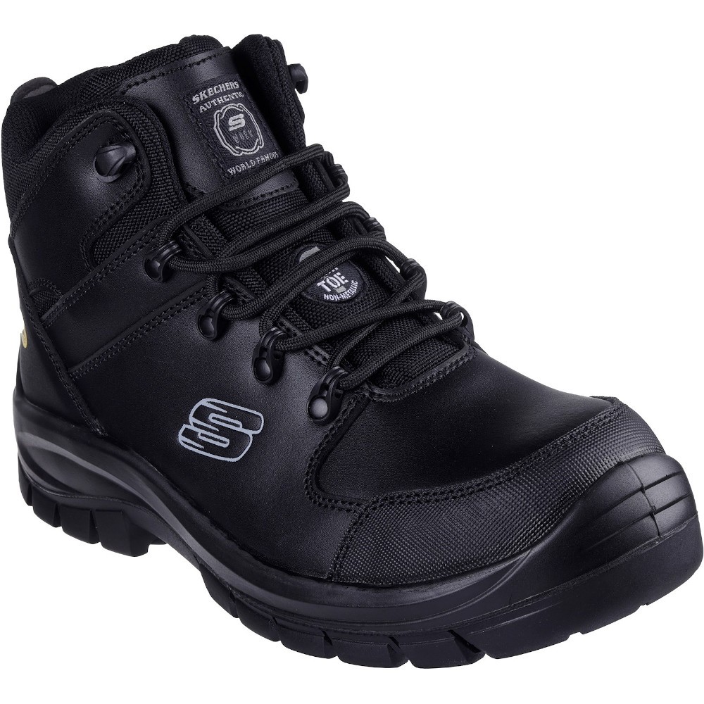 Black Skechers Men Trophus Kilram Safety Boot features a sturdy design with a lace-up front, padded collar, and reinforced toe, available in size 13.