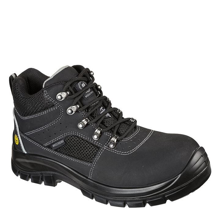 Black Skechers Men Trophus Letic Safety Boot featuring a sturdy design, metal eyelets, padded collar, and slip-resistant sole, size 10.