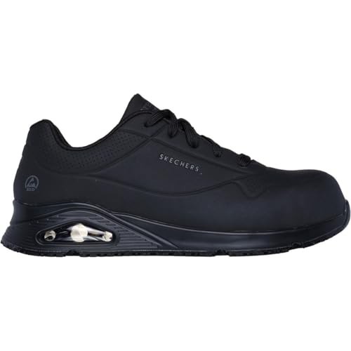 Black Skechers men's lace-up athletic safety boots featuring a steel toe cap, smooth synthetic upper, and a cushioned sole for comfort and support.