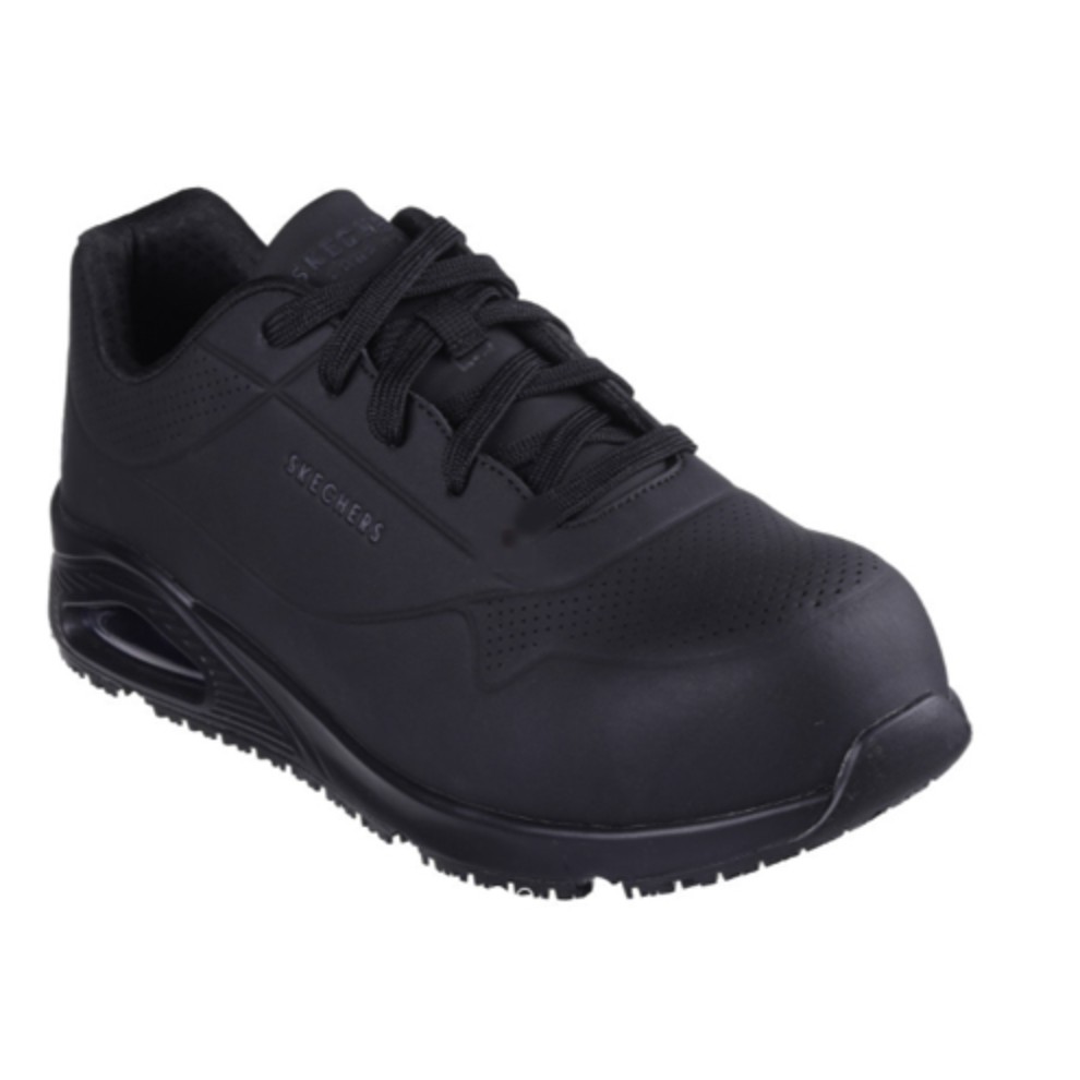 Black Skechers Workwear Uno SR Doltin Durabuck safety trainers with a sleek design, featuring a protective toe cap, cushioned sole, and textured upper for durability and comfort.
