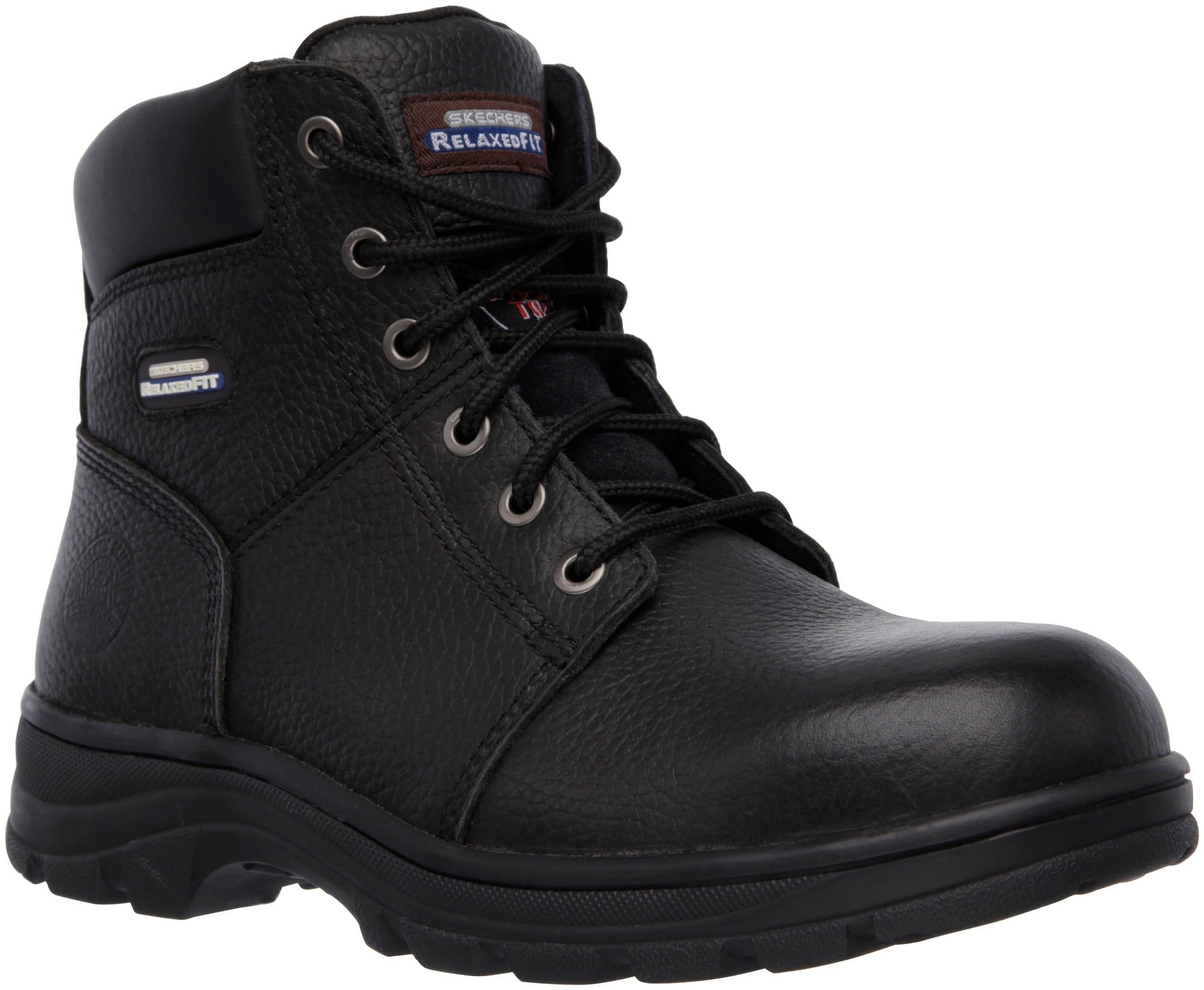 Black Skechers Men Workshire Safety Boot features a textured leather upper, lace-up design, padded collar, and a sturdy rubber sole, available in size 14.