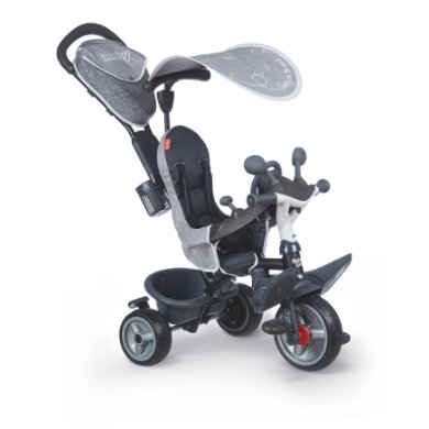 Three-in-one transforming trike in grey and black, featuring a sun canopy, adjustable seat, steering wheel, and a storage compartment, designed for young children.