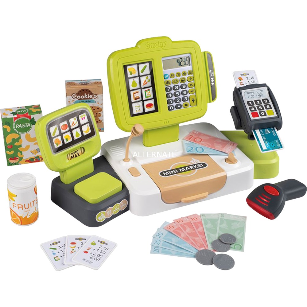Brightly colored Smoby Large Roleplay Cash Register features a green and white design, a calculator screen, toy money, cards, and play food items like cookies and fruit.