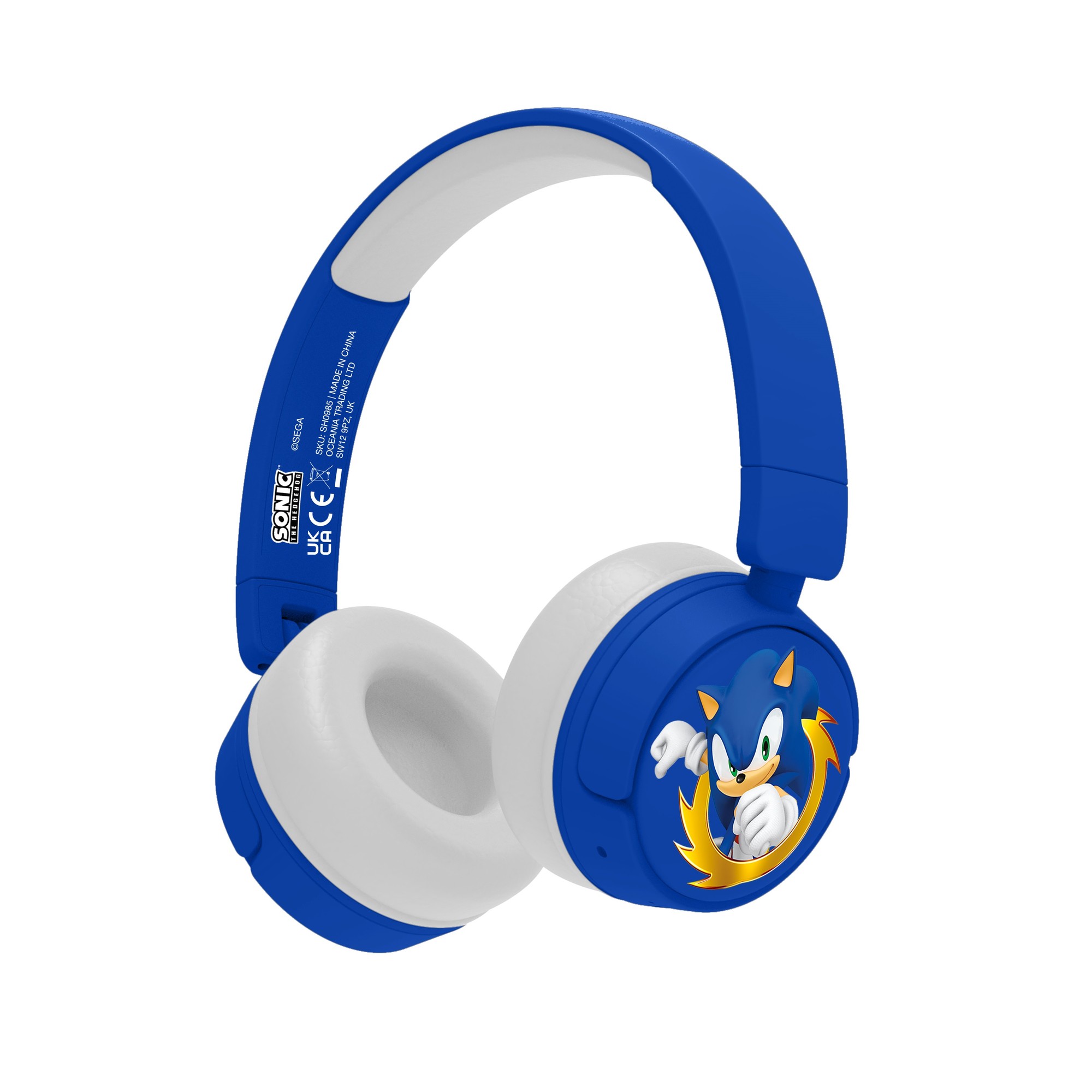 Blue wireless headphones featuring Sonic the Hedgehog, with white cushioned ear pads and a playful design on the ear cups.