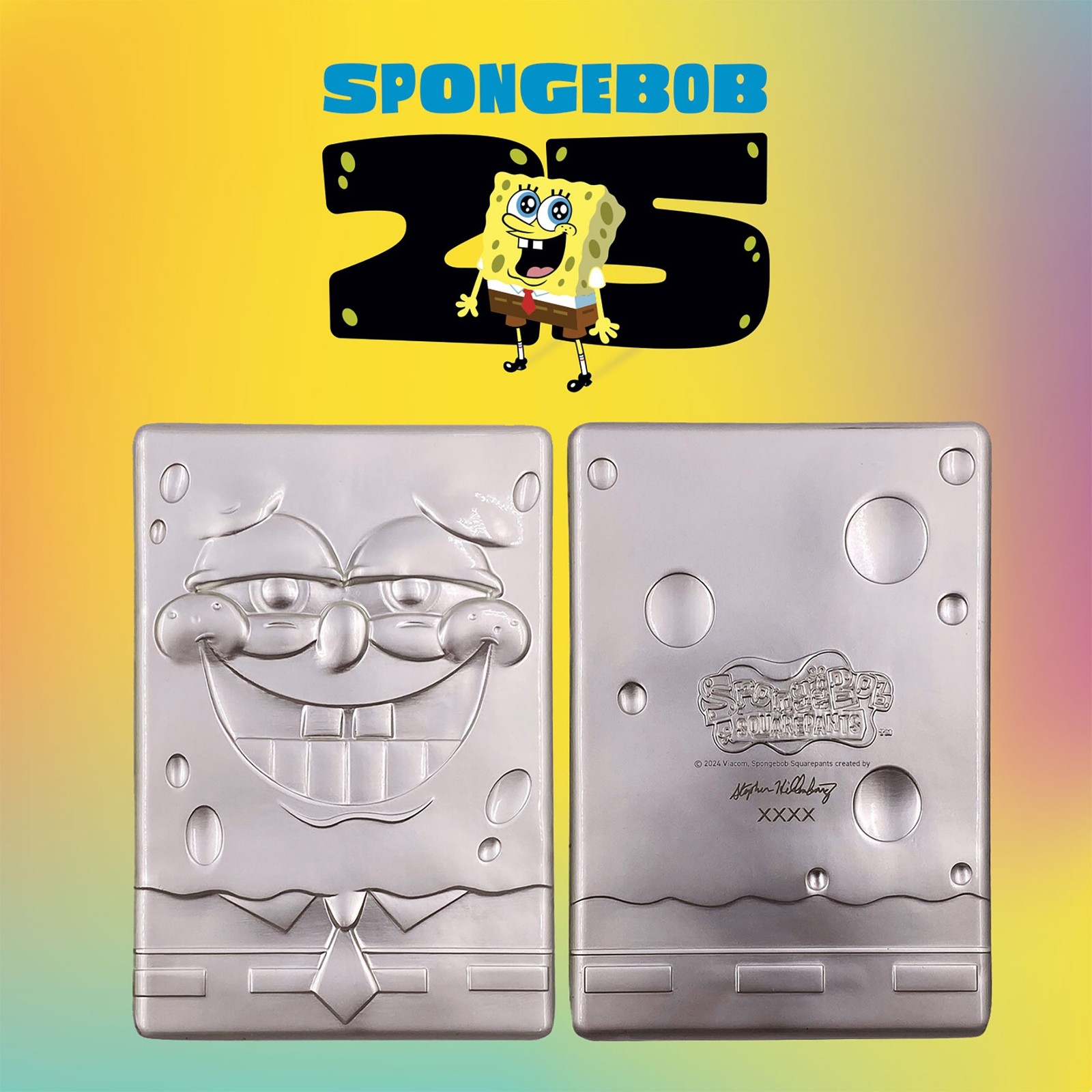 Silver-plated ingot featuring a smiling SpongeBob SquarePants design on one side and a detailed illustration on the reverse, with a colorful background celebrating the 25th anniversary.