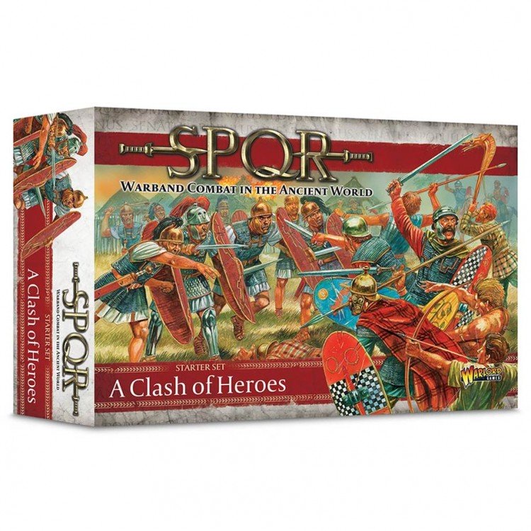 SPQR: A Clash of Heroes Starter Set by Warlord Games Ltd features a colorful box with illustrations of ancient warriors, shields, and a battlefield scene.