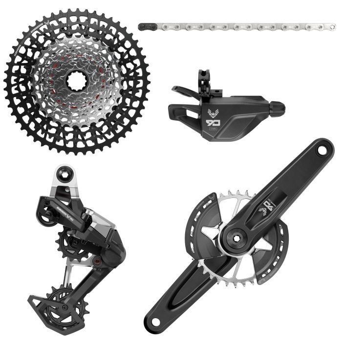 SRAM Eagle 90 T-Type groupset featuring a 165mm wide crank with a 32t chainring, a trigger shifter, a 10-52t 12-speed cassette, and a sleek black and silver design.