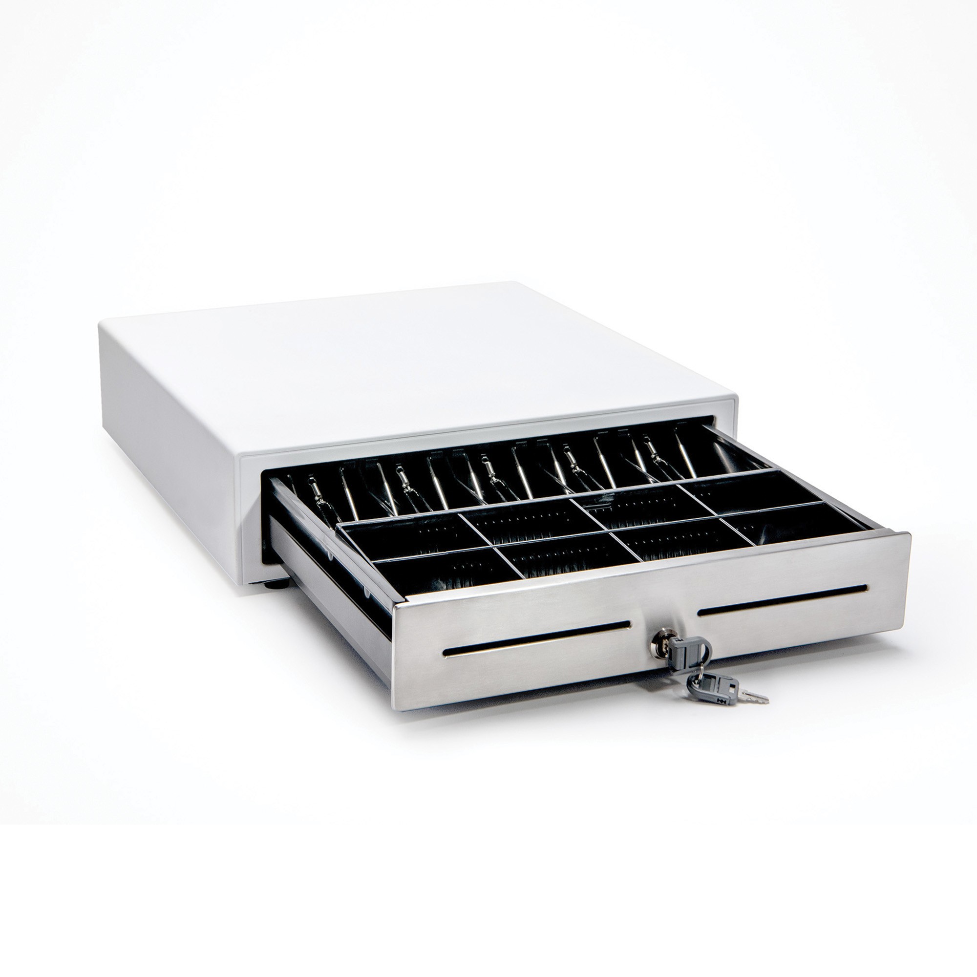 White manual cash drawer with a stainless steel front, featuring a key lock and multiple compartments for bills and coins, partially open to display its interior.
