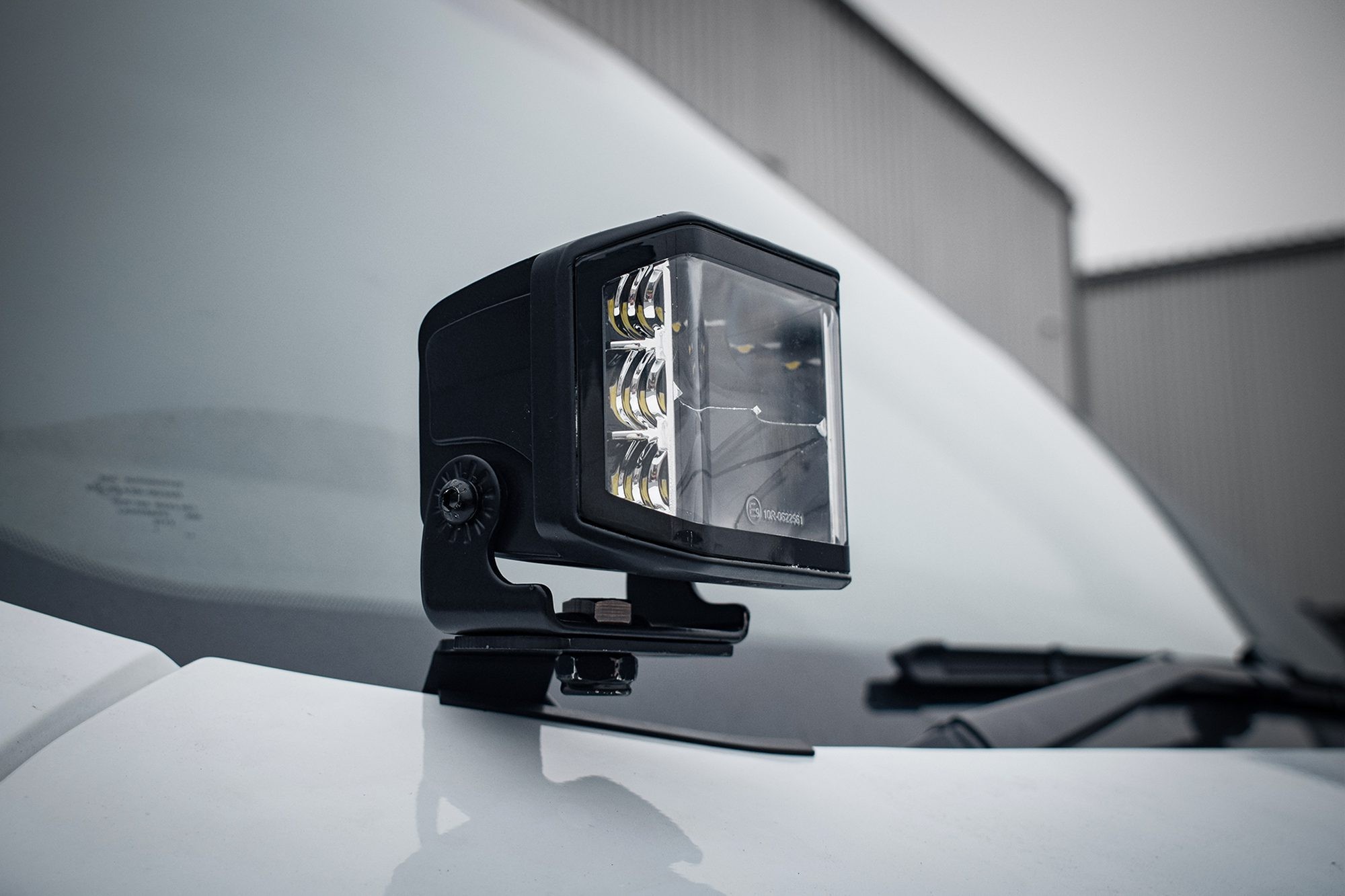 Stealth LED bonnet kit for Ford Transit 2015-2019 featuring a black housing, twin 4-inch lights, and a high output of 16,800 lumens, mounted on the vehicle's hood.