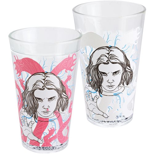 Two clear glasses featuring a color change design; one displays a pink illustration of Eleven from "Stranger Things," while the other shows her in white with blue lightning effects.
