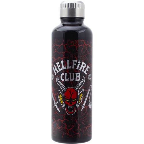 Black metal water bottle featuring a red and white "Hellfire Club" design with a skull and crossed swords, accented by a cracked red pattern.