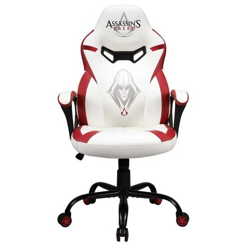 White and red gaming chair featuring the Assassin's Creed logo, with a high back, ergonomic design, and adjustable height on a black wheeled base.