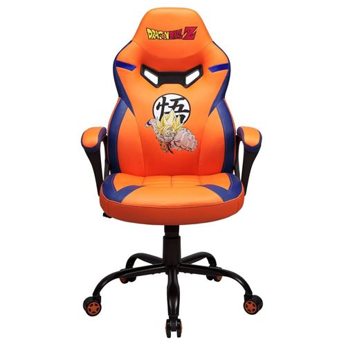 Bright orange gaming chair featuring blue accents, a Goku graphic on the seat, adjustable armrests, and a five-star base with wheels for mobility.