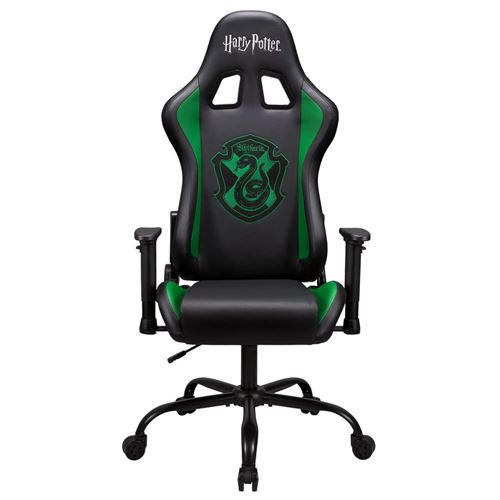 Black and green gaming chair featuring the Slytherin crest, adjustable armrests, a high backrest, and a sleek design, perfect for Harry Potter fans.