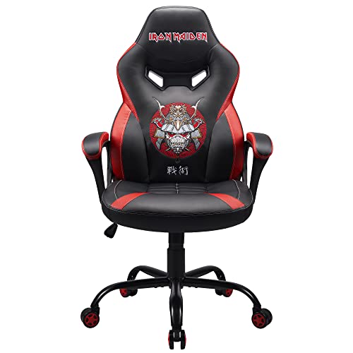 Black and red gaming chair featuring Iron Maiden branding, a padded seat, ergonomic design, and a striking graphic of a samurai skull on the backrest.
