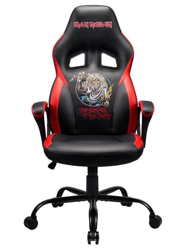 Black and red gaming chair featuring Iron Maiden's "The Number of the Beast" artwork, with a high back, adjustable armrests, and a five-star base for mobility.