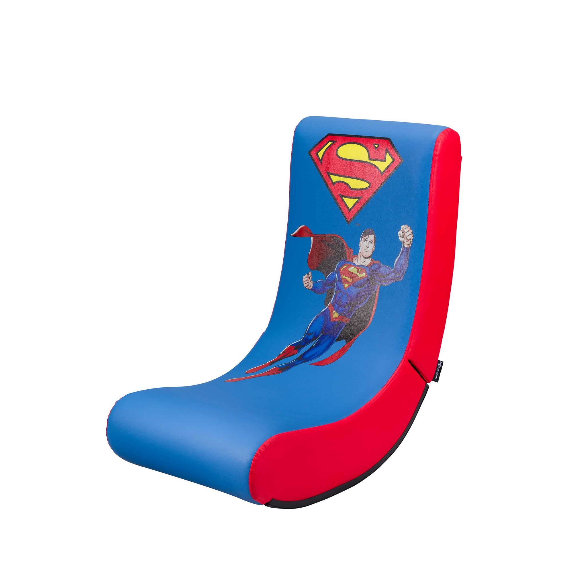 Blue and red gaming chair featuring a large Superman graphic, designed with a sleek, curved shape for comfort and support.
