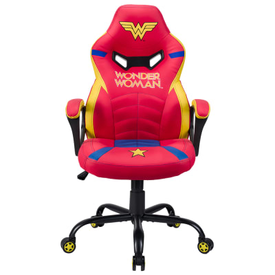 Red and yellow gaming chair featuring a Wonder Woman design, with a star emblem, ergonomic shape, and adjustable height on a black base with rolling wheels.