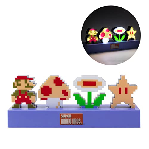 Colorful pixel art light featuring Mario, a red and white mushroom, a flower, and a star, all set on a blue base with the Super Mario Bros. logo.